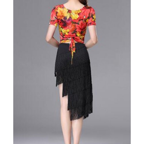Red floral latin dresses for women's fringes competition salsa chacha rumba performance exercises samba tops and skirts